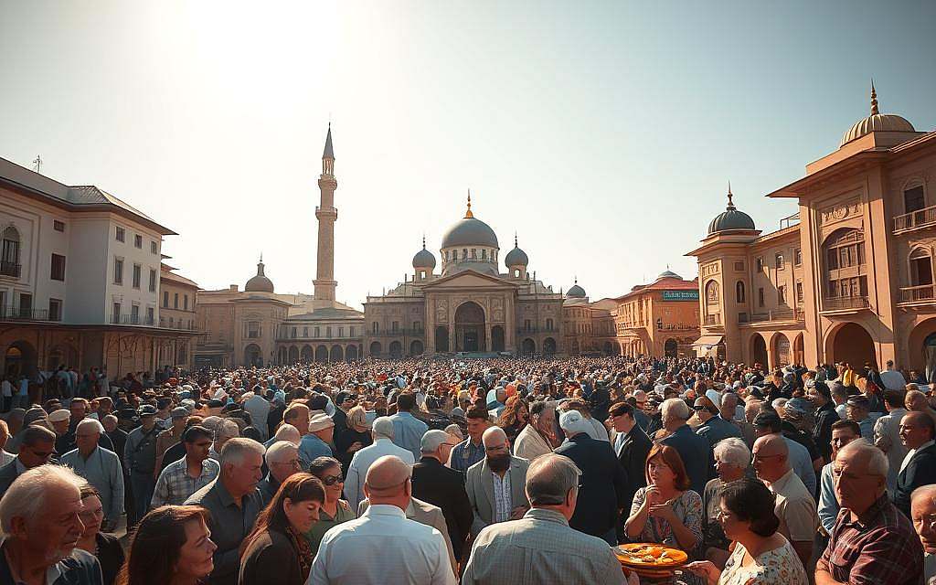 A large, diverse religious community gathered in a central square, bathed in warm, golden sunlight. In the foreground, people of varying ages and backgrounds engage in lively discussion, sharing meals and exchanging ideas. In the middle ground, a mix of traditional and modern architecture frames the scene, reflecting the blending of old and new. In the background, a towering, ornate religious structure dominates the skyline, its spires and domes reaching towards the heavens. The overall atmosphere conveys a sense of unity, compassion, and a shared sense of purpose, capturing the essence of how religion can shape and unite a society.