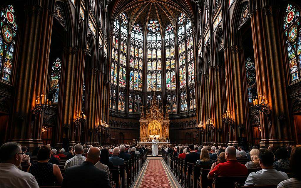 A large, ornate cathedral interior with intricate stained glass windows casting kaleidoscopic patterns of colored light across the grand nave. Worshippers sit in wooden pews, heads bowed in reverent prayer, as a priest leads a solemn service at the gilded altar. The scene exudes a sense of timeless, sacred tradition, where centuries-old cultural practices intertwine with religious devotion. Soft, dramatic lighting illuminates the ornate architectural details, from the vaulted ceiling to the towering columns. The atmosphere is one of reverence, solemnity, and the profound spiritual connection between a community and their place of worship.