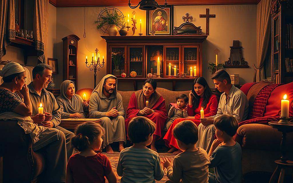 A large, warm family gathering in a cozy, candlelit living room. The adults are engaged in earnest discussion, some gesturing animatedly, while the children play at their feet. The room is suffused with a soft, golden light, creating an atmosphere of intimacy and spiritual contemplation. Richly textured fabrics, religious symbols, and family heirlooms adorn the space, reflecting the importance of faith and tradition. The faces of the family members convey a sense of belonging, connection, and the passing down of cherished beliefs through the generations. A visually compelling depiction of the family as the foundation of religious identity.