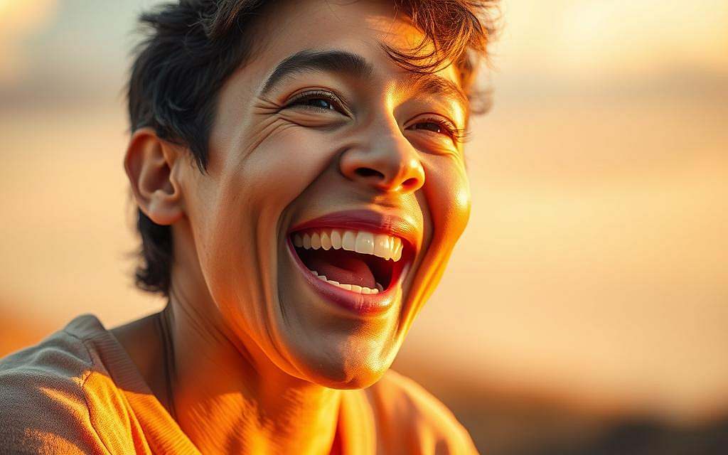 A lively, expressively emotive scene of a person laughing joyfully, their face alight with mirth and warmth. Warm, soft lighting casts a gentle glow, highlighting the person's animated features and sparkling eyes. In the background, a blurred, dreamlike landscape suggests an uplifting, introspective atmosphere. The overall composition conveys a sense of emotional intelligence, inner contentment, and the healing power of laughter.