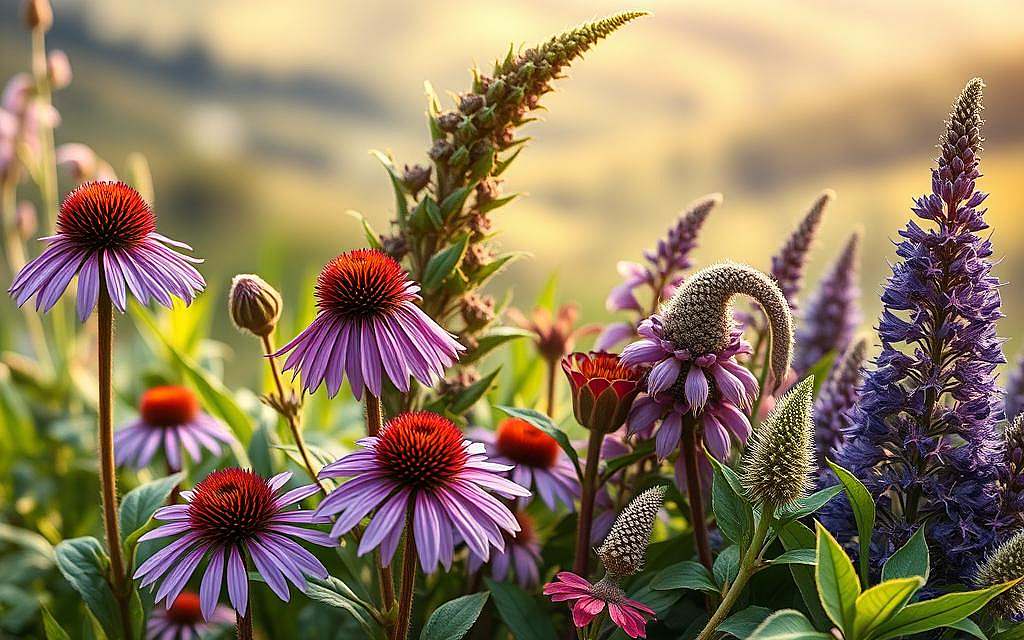 A lush, natural scene featuring various medicinal herbs and plants, arranged in a harmonious and visually appealing composition. In the foreground, vibrant echinacea flowers stand tall, their purple petals radiating an aura of vitality. Intertwined with them, the distinctive jagged leaves of astragalus plants reach upwards, symbolizing the strengthening of the immune system. In the middle ground, the broad, textured foliage of the cat's claw plant cascades gracefully, its tendrils curling around the other botanicals. The background is a soft, blurred landscape, hinting at a lush, natural environment. Warm, natural lighting illuminates the scene, casting a gentle glow and emphasizing the organic, herbal qualities of the plants. The overall atmosphere is one of balance, tranquility, and the restorative power of plant-based remedies.