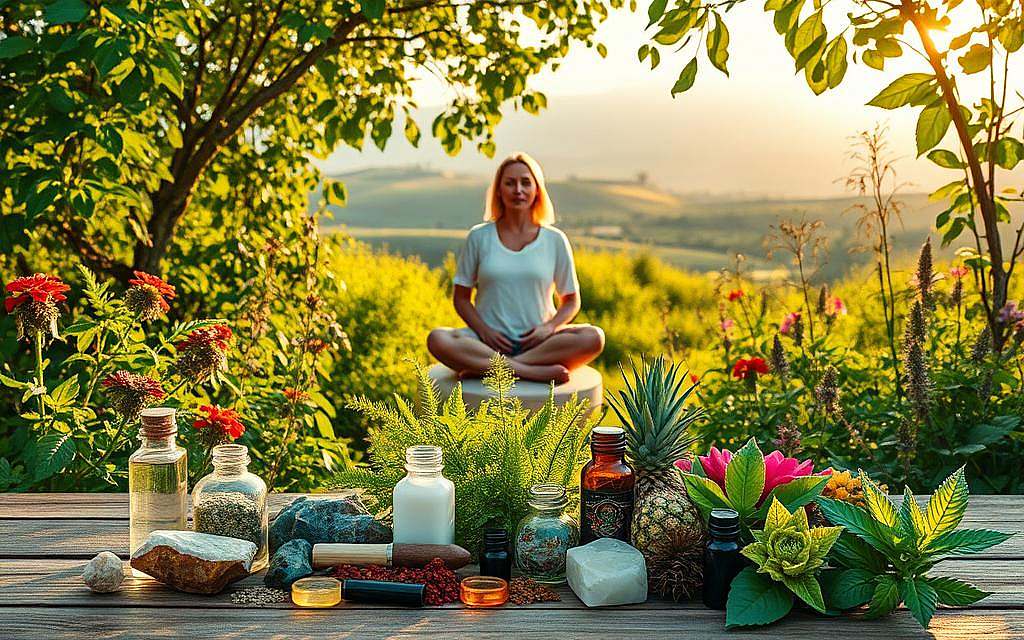 A lush, verdant garden filled with vibrant medicinal plants, their leaves and flowers glowing in the warm, soft light of the afternoon sun. In the foreground, a selection of alternative healing modalities such as crystals, herbs, and essential oils are artfully arranged on a wooden table, their colors and textures creating a visually striking display. In the middle ground, a practitioner of alternative medicine sits cross-legged, their hands gently resting on their lap as they exude a sense of calm and inner peace. The background features a serene, natural landscape with rolling hills and a distant horizon, conveying a sense of tranquility and harmony. The overall scene evokes a feeling of balance, wellness, and the power of nature-based therapies.