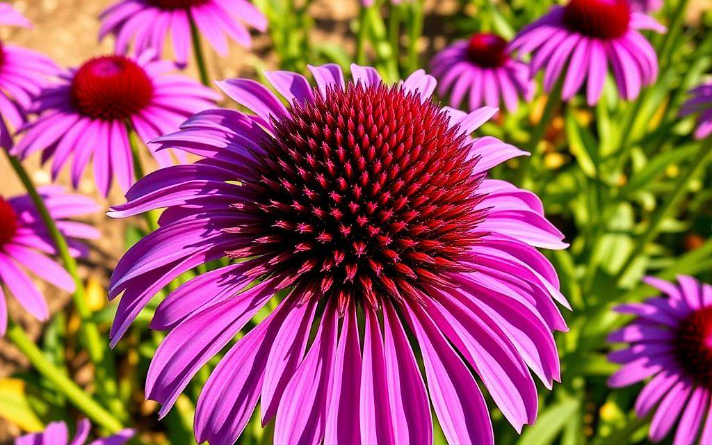 A lush, vibrant close-up of Echinacea purpurea, the purple coneflower, in a sunlit garden. The large, daisy-like flower head with its distinctive cone-shaped center is surrounded by rows of delicate, slightly drooping purple petals. The sturdy green stems and leaves provide a natural, earthy backdrop. Warm, golden natural lighting casts gentle shadows, highlighting the velvety texture of the petals and the intricate details of the flower's structure. The overall composition emphasizes the natural beauty and medicinal properties of this classic immune-boosting herb.