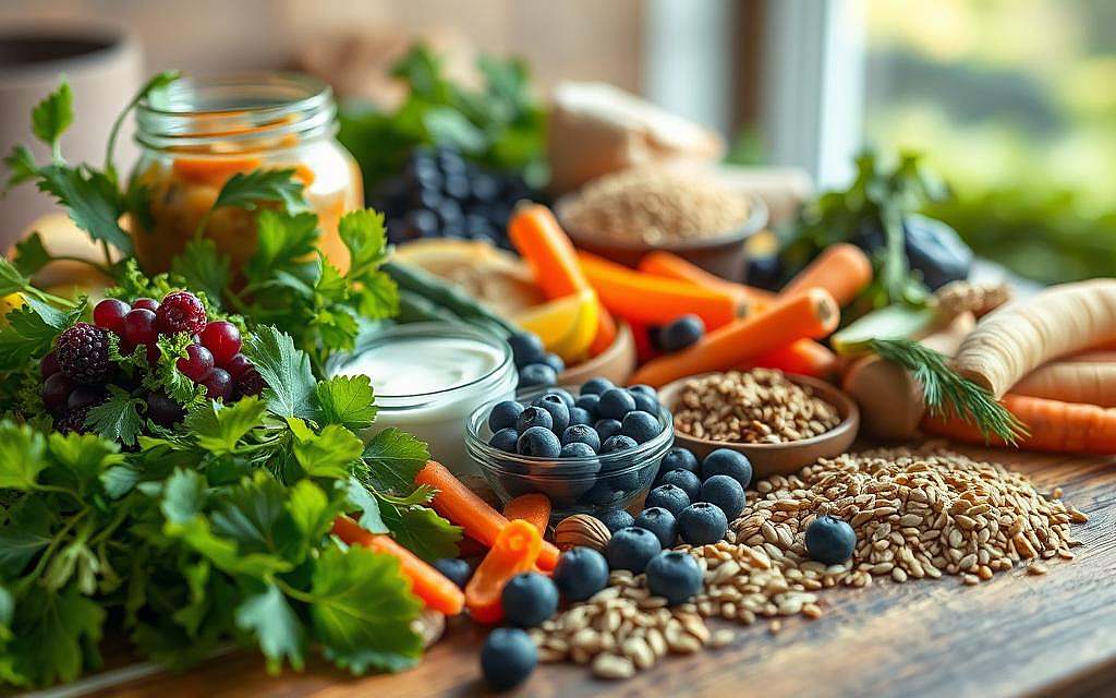 A lush, vibrant close-up of various healthy gut-friendly ingredients arranged on a wooden table, bathed in soft, natural lighting. In the foreground, a selection of probiotic-rich foods like sauerkraut, kimchi, and kefir, complemented by colorful fruits and vegetables such as blueberries, leafy greens, and carrots. The middle ground showcases whole grains, nuts, and seeds, while the background subtly hints at a tranquil, earthy setting, with a touch of greenery and subtle textures. The overall composition conveys a sense of balance, nourishment, and the importance of a diverse, fiber-rich diet for maintaining a healthy gut microbiome.