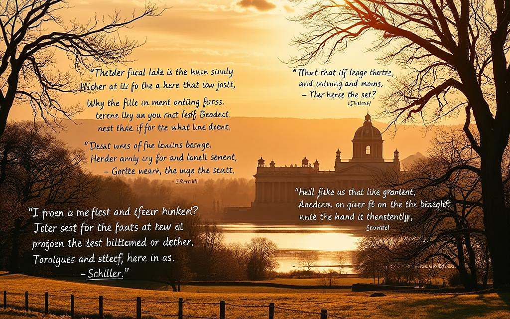 A majestic landscape of the Weimar Classicism era, bathed in warm, golden light. In the foreground, a collection of handwritten philosophical quotes from the esteemed thinkers Herder, Wieland, Goethe, and Schiller, their words floating ethereally against a backdrop of rolling hills and a serene, reflective lake. The middle ground features classic Baroque architecture, with ornate columns and intricate facades, while in the distance, the silhouettes of ancient trees frame the scene, lending a sense of timeless wisdom. The overall atmosphere is one of intellectual contemplation and artistic refinement, capturing the essence of the Weimar Classicism movement.