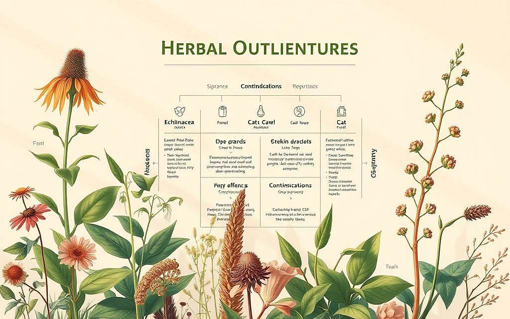 A meticulously detailed illustration of herbal cautionary measures. In the foreground, a variety of medicinal plants such as echinacea, astragalus, and cat's claw are featured, their leaves and stems rendered with precision. The middle ground showcases a carefully labeled diagram highlighting potential side effects and contraindications, with clear iconography and minimal text. The background features a soothing, muted color palette, evoking a sense of natural harmony and responsible herbal usage. Warm, indirect lighting casts gentle shadows, creating depth and dimensionality. The overall composition conveys a sense of educational clarity and botanical expertise, guiding the viewer through the essential precautions for safe and effective herbal supplementation.