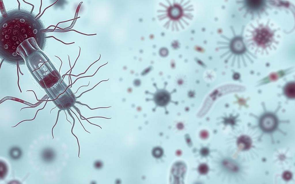 A microscopic depiction of the biological causes of diseases, showcasing a detailed representation of microorganisms responsible for various pathological conditions. The foreground features an enlarged view of a bacterium, its intricate cell structure and flagella clearly visible, while the middle ground displays a collection of diverse microbes, including viruses, fungi, and protozoa, each meticulously rendered. The background blends a subtle micrograph-inspired pattern with a soft, subdued color palette, creating a sense of scientific exploration and discovery. The overall composition conveys the complex and interconnected nature of microbial interactions that underlie the development of diseases, emphasizing the importance of understanding these fundamental biological processes.