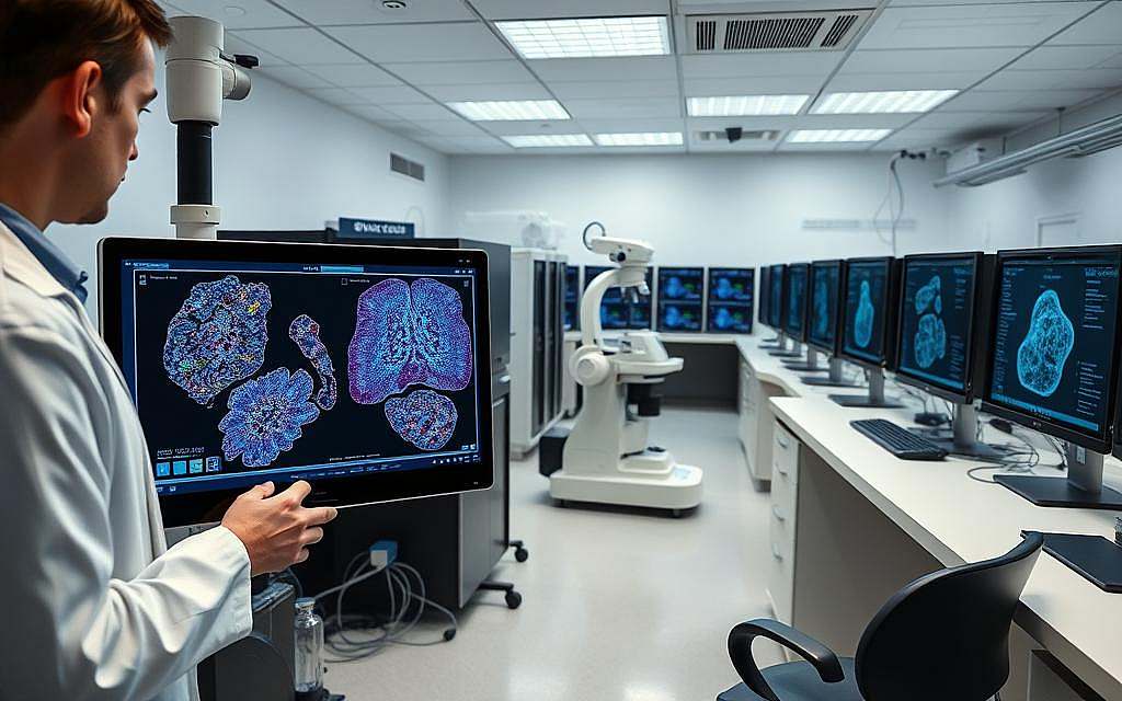 A modern pathology laboratory, filled with state-of-the-art digital microscopes and imaging equipment. In the foreground, a pathologist examines a high-resolution digital slide on a large touchscreen display, analyzing the intricate cellular structures with precision. The middle ground features a robotic sample handling system, efficiently processing and digitizing tissue samples. In the background, a network of interconnected computers processes the data, using advanced algorithms to identify patterns and assist in the diagnostic process. Soft, directional lighting illuminates the scene, creating a serene and professional atmosphere. The overall impression is one of a cutting-edge, technology-driven approach to modern pathological diagnosis.