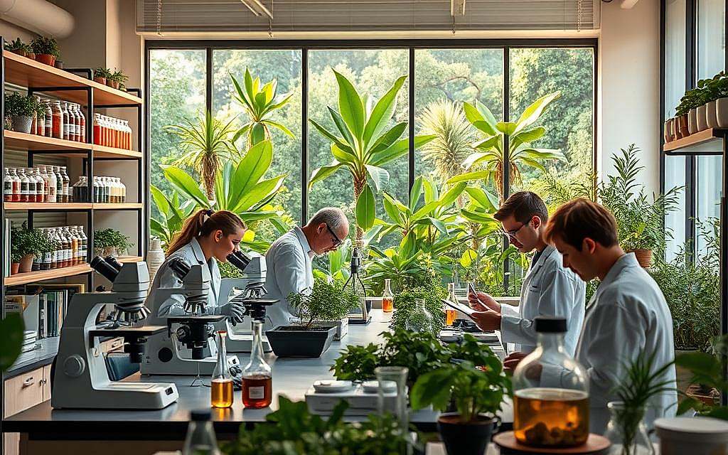 A modern research laboratory filled with scientific equipment and plant specimens. In the foreground, a team of researchers in white lab coats examine plant extracts under microscopes and carefully record their observations. In the middle ground, shelves lined with labeled jars and beakers containing various plant-derived compounds. The background features a large window overlooking a lush, verdant botanical garden, bathed in warm, natural lighting. The overall atmosphere conveys a sense of scientific inquiry, discovery, and the deep understanding of the natural world's phytochemical wonders.