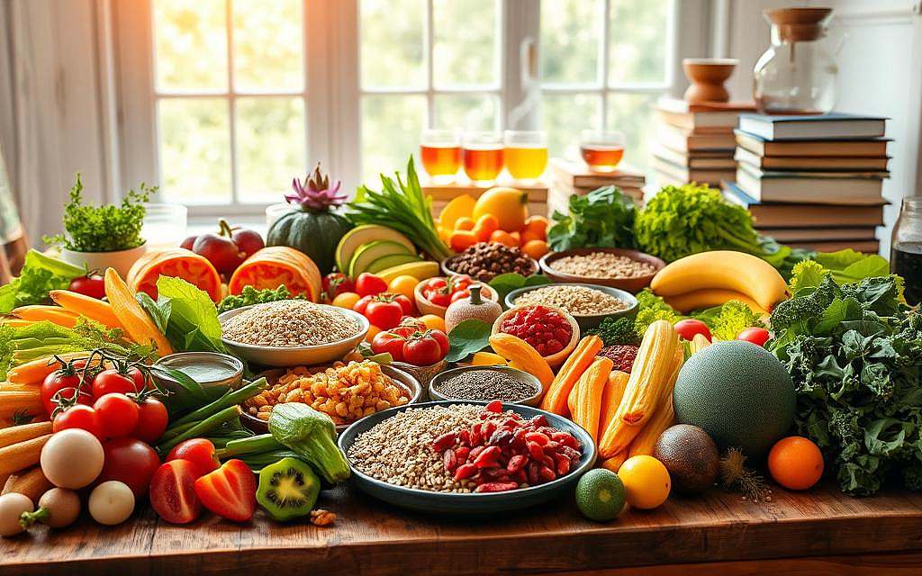 A nourishing spread of vibrant longevity-promoting foods, meticulously arranged on a rustic wooden table, illuminated by warm, natural lighting from a large window. In the foreground, an array of crisp, fresh vegetables, juicy fruits, and hearty whole grains. In the middle, a selection of nutrient-dense superfoods, such as goji berries, chia seeds, and spirulina. In the background, steaming cups of herbal tea and a stack of books on holistic health and longevity. The scene exudes an atmosphere of wellness, balance, and a reverence for the power of mindful, life-extending nutrition.