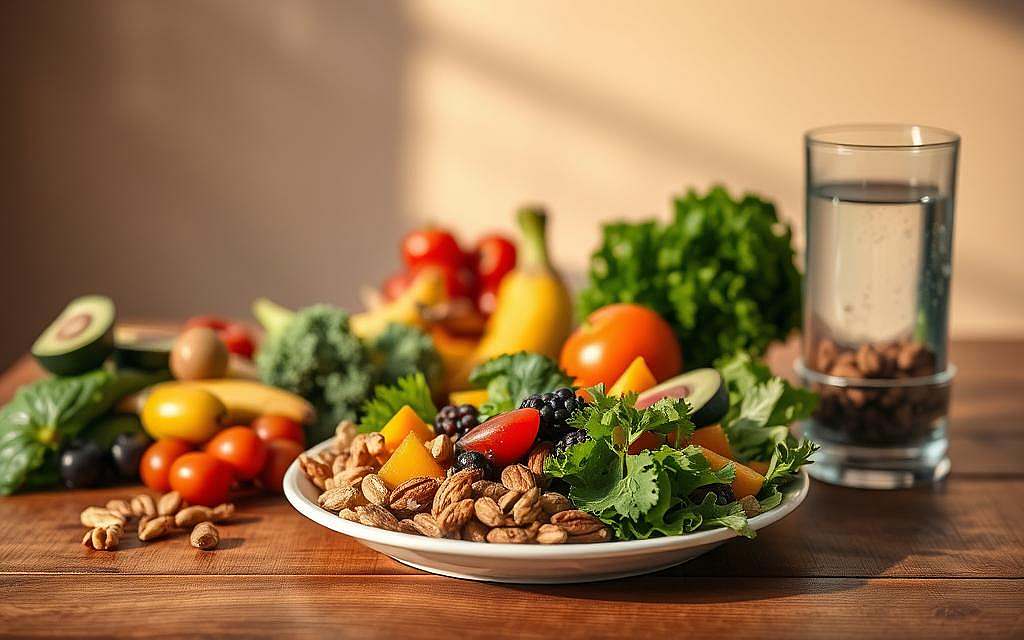 A nutritious meal served on a wooden table, featuring a variety of whole foods such as fresh vegetables, fruits, nuts, and a glass of water. The scene is bathed in warm, natural lighting, creating a soothing, calming atmosphere. In the foreground, a plate showcases a balanced selection of colorful, nutrient-dense ingredients, highlighting the importance of a well-rounded diet for individuals with autism. The middle ground presents a background of minimalist, earthy tones, emphasizing the simplicity and wholesome nature of the meal. The overall composition evokes a sense of tranquility and mindfulness, underscoring the vital role of proper nutrition in supporting the well-being of those on the autism spectrum.