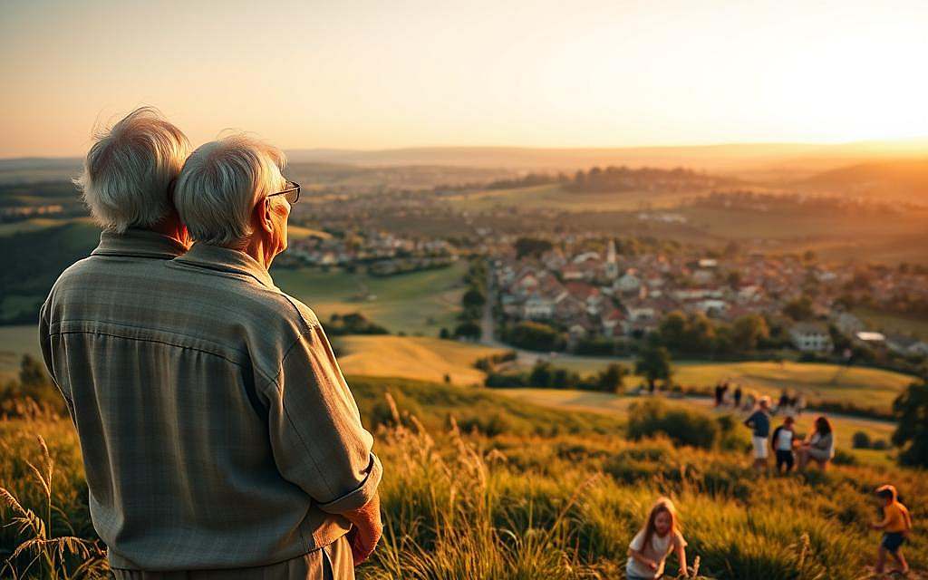 A panoramic view of an elderly couple standing on a hilltop, overlooking a lush, multi-generational landscape. The husband and wife, their faces etched with wisdom, gaze contemplatively into the distance, symbolizing the balance between individual longevity and generational equity. In the foreground, a young family plays in a meadow, representing the passing of the torch from one generation to the next. In the middle ground, a bustling community thrives, with people of all ages engaged in various activities, illustrating the interconnectedness of the generations. The background features a serene, rolling countryside, bathed in warm, golden light, conveying a sense of timelessness and tranquility. The overall scene evokes a harmonious coexistence between personal longevity and societal well-being.