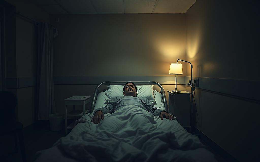 A patient's perspective: a dimly lit hospital room, the muted beige tones of the walls and bedding creating a somber atmosphere. In the center, a lone figure lies in bed, their features obscured by shadow, conveying a sense of isolation and vulnerability. The room is sparsely furnished, with a small bedside table and a chair in the corner, emphasizing the patient's solitude. Soft, warm lighting from a single lamp casts a gentle glow, illuminating the patient's face and hands, revealing the fatigue and worry etched upon their features. The scene evokes a sense of introspection, a quiet contemplation of the challenges of living with illness and the resilience required to navigate the uncertainties of the medical journey.