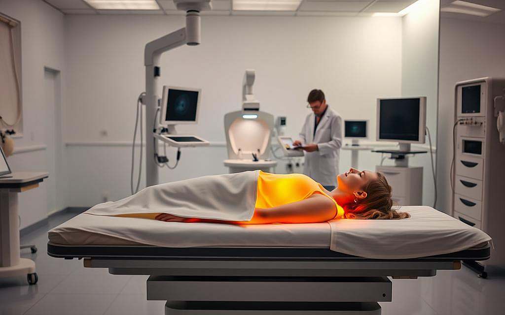 A peaceful, clinical scene depicting the applications of photodynamic therapy. In the foreground, a patient lies on a treatment table, their body illuminated by a focused beam of warm, amber light. In the middle ground, medical professionals in sterile white lab coats operate advanced phototherapy equipment, carefully monitoring the procedure. The background is a clean, modern hospital room with crisp, diffused lighting, suggesting a soothing, medicinal atmosphere. The overall composition conveys the precise, therapeutic nature of this innovative cancer treatment. A peaceful, clinical scene depicting the applications of photodynamic therapy. In the foreground, a patient lies on a treatment table, their body illuminated by a focused beam of warm, amber light. In the middle ground, medical professionals in sterile white lab coats operate advanced phototherapy equipment, carefully monitoring the procedure. The background is a clean, modern hospital room with crisp, diffused lighting, suggesting a soothing, medicinal atmosphere. The overall composition conveys the precise, therapeutic nature of this innovative cancer treatment.