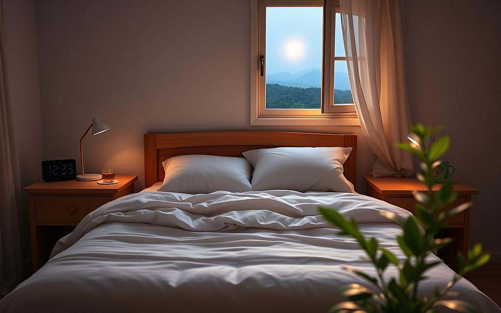 A peaceful, cozy bedroom scene bathed in soft, warm lighting. A single bed in the center, with plush white bedding and a wooden headboard. Nightstands on either side, one with a digital alarm clock, the other with a steaming mug of herbal tea. An open window reveals a serene, moonlit landscape outside. In the foreground, a small potted plant, its vibrant green leaves gently swaying. The room has a tranquil, restorative atmosphere, reflecting the importance of sleep and a healthy lifestyle for a strong immune system.