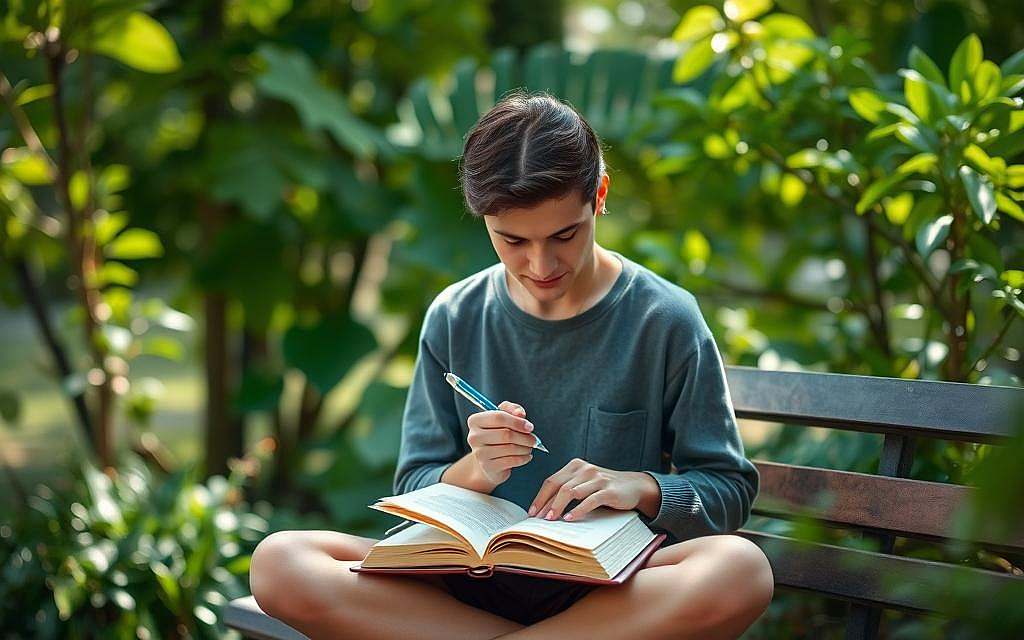 A peaceful, introspective scene of a person journaling amidst the tranquility of a serene garden. Soft natural light filters through lush, verdant foliage, casting gentle shadows. The subject sits cross-legged on a wooden bench, a leather-bound journal open on their lap, pen in hand, their expression contemplative as they pour their emotions onto the page. The background blurs softly, drawing the focus to the intimate act of emotional processing through the written word. An atmosphere of mindfulness and cathartic release permeates the scene, inviting the viewer to pause and reflect. A peaceful, introspective scene of a person journaling amidst the tranquility of a serene garden. Soft natural light filters through lush, verdant foliage, casting gentle shadows. The subject sits cross-legged on a wooden bench, a leather-bound journal open on their lap, pen in hand, their expression contemplative as they pour their emotions onto the page. The background blurs softly, drawing the focus to the intimate act of emotional processing through the written word. An atmosphere of mindfulness and cathartic release permeates the scene, inviting the viewer to pause and reflect.