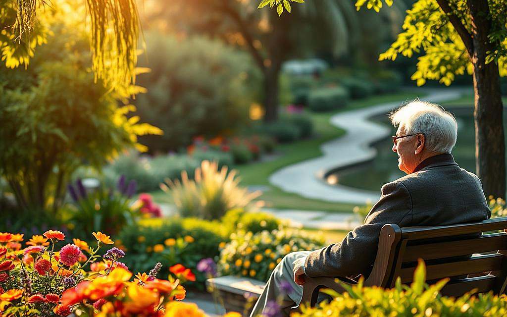 A peaceful, serene garden setting with lush greenery and vibrant flowers. In the foreground, an elderly couple sits on a wooden bench, engaged in a deep conversation. Their faces radiate wisdom and contentment, conveying the psychological aspects of longevity. The warm, golden sunlight filters through the trees, casting a gentle glow on the scene. In the background, a winding path leads to a tranquil pond, symbolizing the journey and reflection associated with a long life. The overall atmosphere evokes a sense of inner peace, balance, and the emotional fulfillment that can come with growing older.