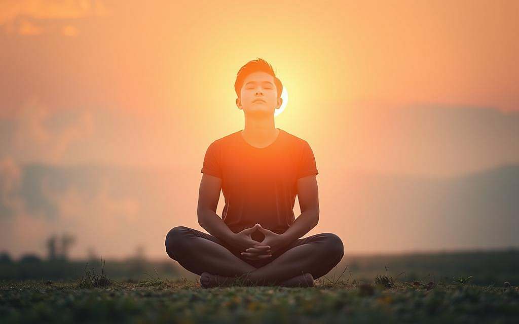 A peaceful, serene landscape with a glowing sunset. In the foreground, a person sits cross-legged on the ground, eyes closed, hands resting gently on their lap. A soft, warm light emanates from within them, radiating outwards and filling the scene with a sense of calm and emotional release. The background is a hazy, dreamlike environment, with wisps of mist or clouds drifting across the sky. The overall atmosphere is one of tranquility, introspection, and the shedding of negative emotions. A peaceful, serene landscape with a glowing sunset. In the foreground, a person sits cross-legged on the ground, eyes closed, hands resting gently on their lap. A soft, warm light emanates from within them, radiating outwards and filling the scene with a sense of calm and emotional release. The background is a hazy, dreamlike environment, with wisps of mist or clouds drifting across the sky. The overall atmosphere is one of tranquility, introspection, and the shedding of negative emotions.