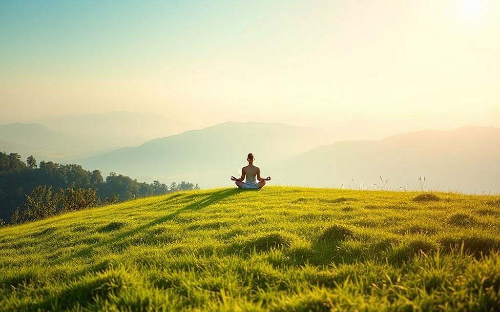 A peaceful, serene landscape with a person sitting in a meditative pose on a grassy hill, surrounded by lush greenery and a calming blue sky. Soft, warm lighting filters through the scene, creating a sense of tranquility. In the foreground, various mindfulness symbols and icons, such as lotus flowers, candles, and zen stones, are subtly incorporated, representing the practice of stress management and mindfulness. The overall composition conveys a harmonious balance between the natural environment and the inner journey of self-awareness.
