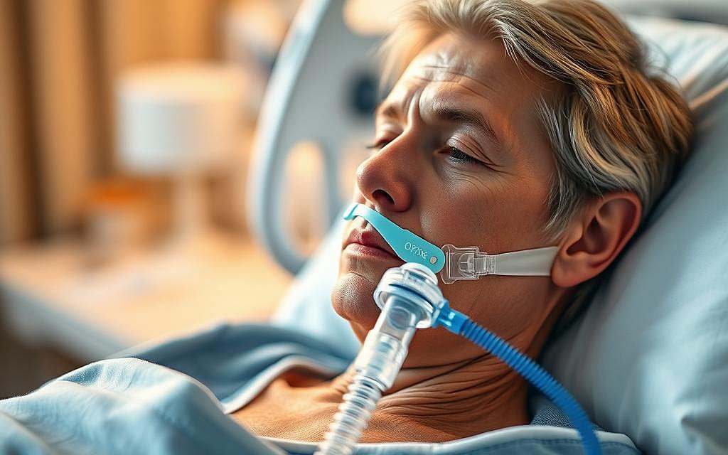 A person receiving oxygen therapy, wearing a nasal cannula and sitting comfortably in a hospital bed or home setting. The scene is softly lit, with warm lighting highlighting the person's face and the oxygen equipment. The background is slightly blurred, suggesting a calming, medical environment. The mood is one of care, comfort, and the therapeutic benefits of oxygen for respiratory conditions. The image should convey the importance and effectiveness of oxygen therapy for treating various airway and lung diseases.