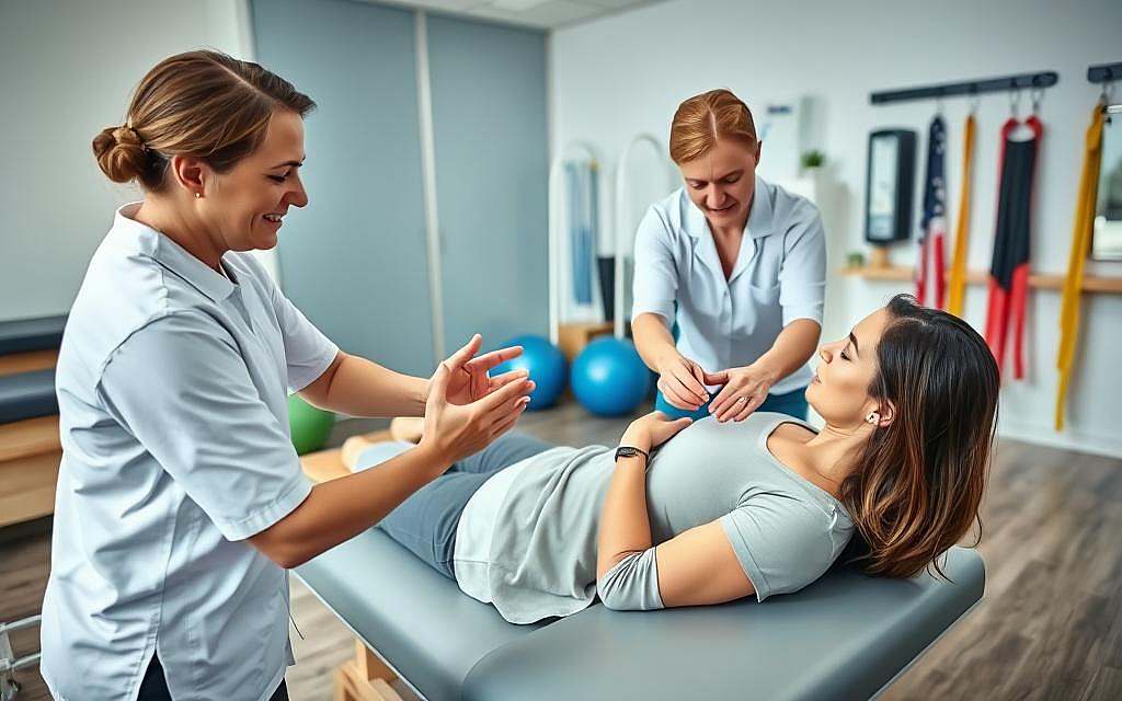 A physical therapist guiding a patient through gentle joint mobilization exercises in a well-lit, modern clinic setting. The foreground shows the therapist's hands carefully manipulating the patient's joints, while the patient lies comfortably on a treatment table. The middle ground captures the patient's focused expression as they participate in the therapy. The background features equipment like exercise balls, resistance bands, and other physiotherapy tools, conveying a professional, healthcare environment. The lighting is soft and natural, creating a serene, therapeutic atmosphere. The camera angle is slightly elevated, providing an empathetic, birds-eye view of the scene.