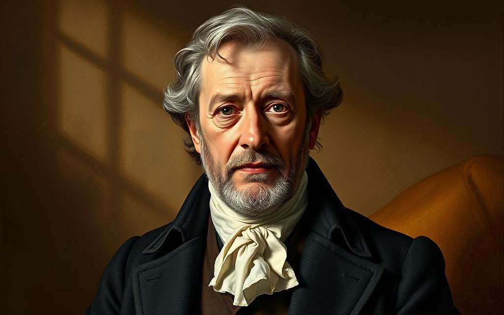 A portrait of Christoph Martin Wieland, an influential 18th-century German author and philosopher. Set against a softly lit backdrop, Wieland's weathered face is rendered with meticulous detail, capturing his thoughtful gaze and refined features. He is dressed in the elegant attire of a man of letters, a cravat and frock coat hinting at the intellectual depth and sensitivity that defined his writings on the Enlightenment and Empfindsamkeit. The lighting casts warm, golden tones, evoking the contemplative mood of his philosophical ponderings. The composition is balanced, with Wieland occupying the central focus, surrounded by an aura of contemplation and erudition.