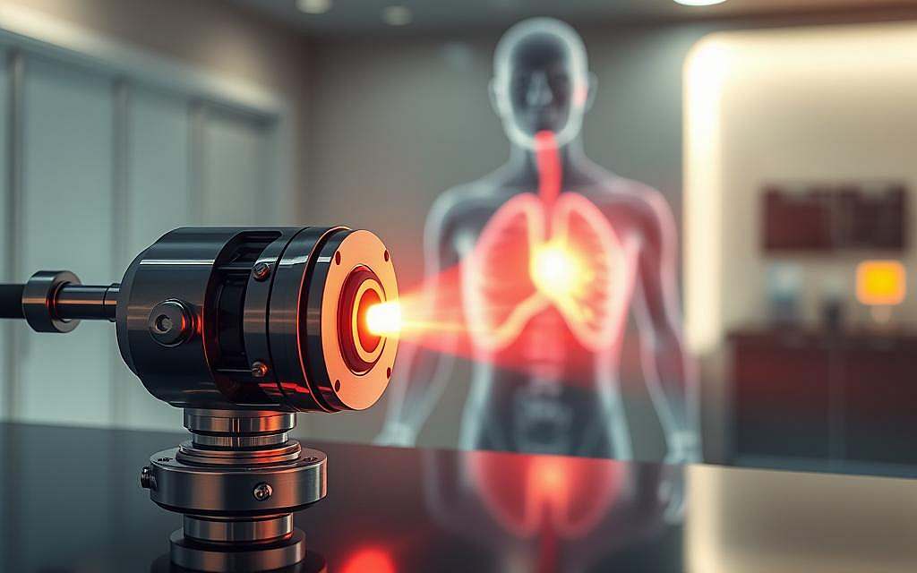 A precise and focused beam of coherent light, a high-energy laser, precisely targeting and destroying cancer cells. In the foreground, a detailed rendering of the laser applicator, its metallic casing gleaming, intricate components visible. The middle ground depicts a 3D cross-section of the human body, with the targeted tumor site highlighted in vivid detail. The background fades into a softly lit, clinical setting, suggesting a state-of-the-art medical facility dedicated to cutting-edge cancer treatment. Crisp shadows, subtle highlights, and a sense of technical sophistication convey the advanced nature of this laser-based radiation therapy. A precise and focused beam of coherent light, a high-energy laser, precisely targeting and destroying cancer cells. In the foreground, a detailed rendering of the laser applicator, its metallic casing gleaming, intricate components visible. The middle ground depicts a 3D cross-section of the human body, with the targeted tumor site highlighted in vivid detail. The background fades into a softly lit, clinical setting, suggesting a state-of-the-art medical facility dedicated to cutting-edge cancer treatment. Crisp shadows, subtle highlights, and a sense of technical sophistication convey the advanced nature of this laser-based radiation therapy.