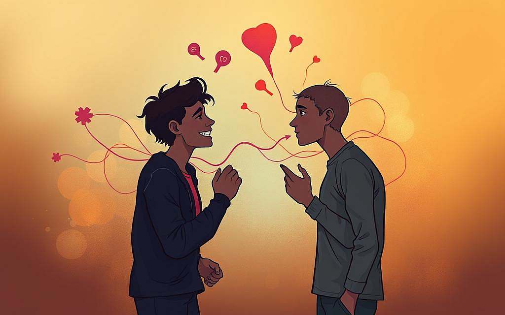 A pulsing, expressive illustration depicting the interplay of emotions and communication. In the foreground, two figures engage in a dynamic exchange, their faces and gestures conveying a range of sentiments - joy, frustration, empathy. The middle ground features a swirl of vibrant, amorphous shapes and lines, representing the intangible emotional currents that flow between them. The background is a soft, atmospheric gradient, evoking the deeper psychological context that shapes their interaction. Warm lighting casts a gentle glow, creating an intimate, introspective mood. The overall composition suggests the profound impact of emotions on our relationships and our ability to connect with one another. A pulsing, expressive illustration depicting the interplay of emotions and communication. In the foreground, two figures engage in a dynamic exchange, their faces and gestures conveying a range of sentiments - joy, frustration, empathy. The middle ground features a swirl of vibrant, amorphous shapes and lines, representing the intangible emotional currents that flow between them. The background is a soft, atmospheric gradient, evoking the deeper psychological context that shapes their interaction. Warm lighting casts a gentle glow, creating an intimate, introspective mood. The overall composition suggests the profound impact of emotions on our relationships and our ability to connect with one another.