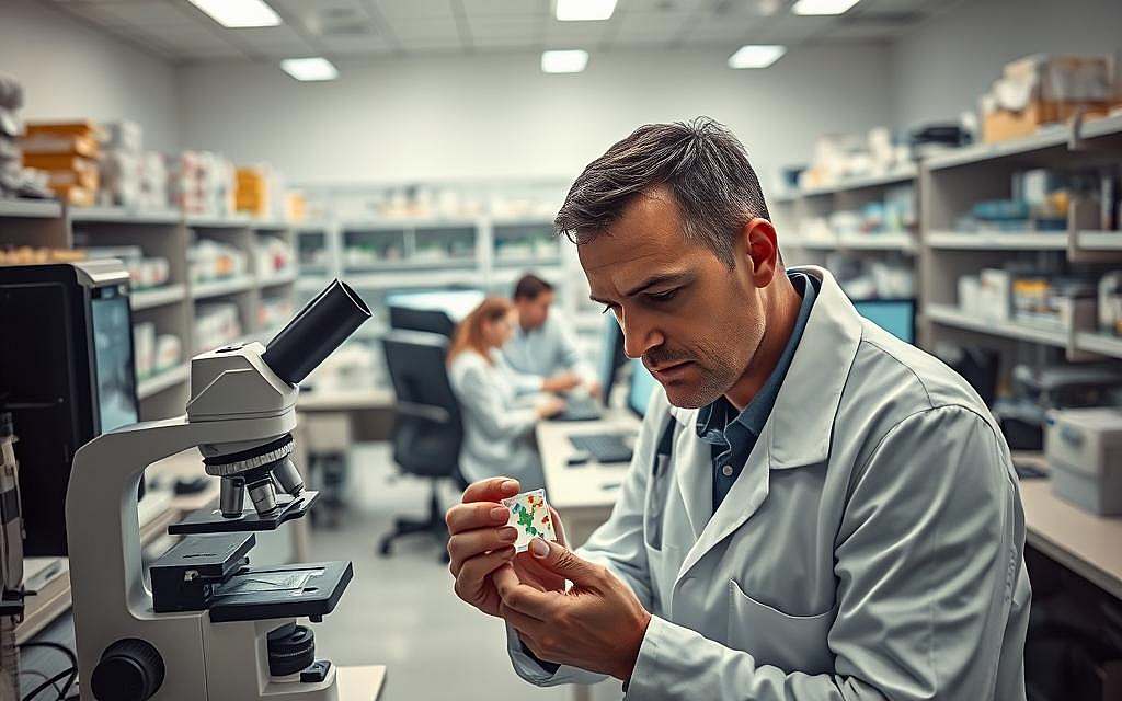 A research laboratory with genetic analysis equipment and scientists studying the complexities of autism. In the foreground, a scientist examines a DNA sample under a high-powered microscope, expression pensive. In the middle ground, a team collaborates at computer terminals, analyzing data and models. The background features shelves of biological samples, advanced diagnostic machines, and an atmosphere of serious scientific inquiry. Soft, filtered lighting creates a contemplative mood, while the composition conveys the depth and nuance of autism's genetic underpinnings.
