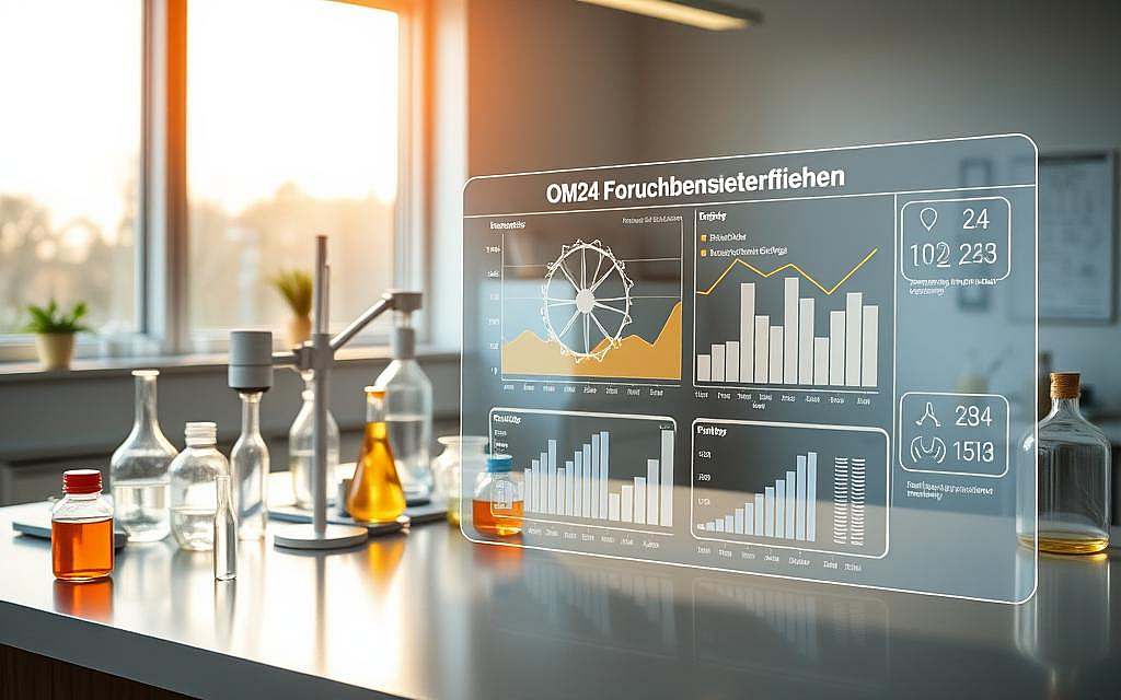 A scientific laboratory setting, with an array of beakers, test tubes, and scientific equipment arranged on a sleek, modern desk. Soft, natural lighting from large windows casts a warm glow across the scene. In the foreground, a holographic display presents detailed graphs, charts, and data visualizations, showcasing the "OM24 Forschungsergebnisse" - the research findings on the powerful natural remedy. The background features a minimalist, clean-lined environment, emphasizing the professional, cutting-edge nature of the scientific work. The overall atmosphere conveys a sense of exploration, discovery, and the validation of OM24's efficacy through rigorous, evidence-based research. A scientific laboratory setting, with an array of beakers, test tubes, and scientific equipment arranged on a sleek, modern desk. Soft, natural lighting from large windows casts a warm glow across the scene. In the foreground, a holographic display presents detailed graphs, charts, and data visualizations, showcasing the "OM24 Forschungsergebnisse" - the research findings on the powerful natural remedy. The background features a minimalist, clean-lined environment, emphasizing the professional, cutting-edge nature of the scientific work. The overall atmosphere conveys a sense of exploration, discovery, and the validation of OM24's efficacy through rigorous, evidence-based research.