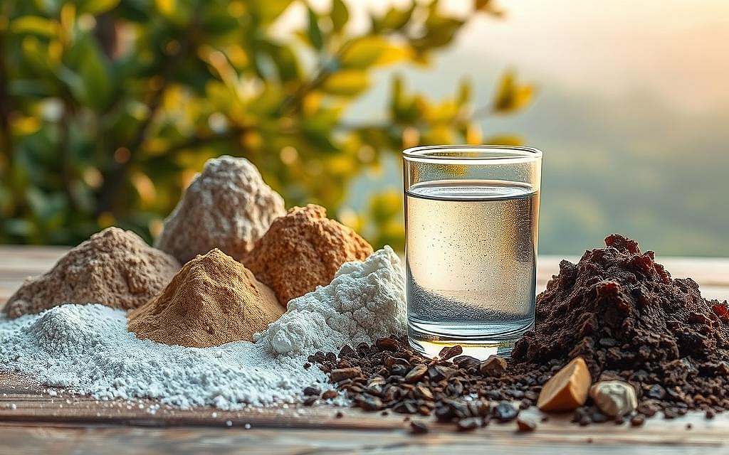 A serene and calming scene of natural detoxification, featuring a middle-ground of various mineral-rich clays and earths, such as bentonite, zeolite, and kaolin, arranged in an artful, layered composition. The foreground showcases a glass container filled with a transparent mineral water solution, while the background depicts a tranquil, natural landscape with lush foliage and a warm, diffused lighting, creating an atmosphere of holistic well-being and healing. The overall image conveys the soothing and restorative power of these mineral-based remedies to cleanse and nourish the body.