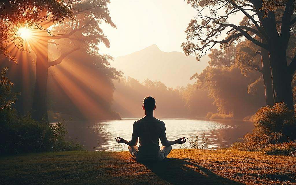 A serene and ethereal landscape, bathed in warm, soft light. In the foreground, a figure sits in a meditative pose, their eyes closed, hands resting peacefully in their lap. Rays of light emanate from the figure, creating an aura of spiritual energy. In the middle ground, a tranquil lake reflects the sky, its surface rippling gently. Surrounding the scene, lush, verdant foliage and towering, ancient trees frame the peaceful setting, conveying a sense of timelessness and connection to the natural world. The overall atmosphere is one of deep contemplation, inner healing, and the fusion of the physical and the divine.