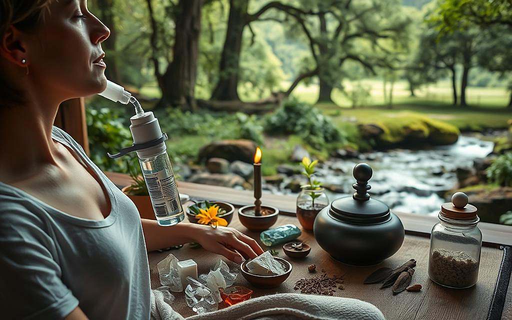 A serene and harmonious scene depicting alternative healing methods in conjunction with oxygen therapy. In the foreground, a person is receiving oxygen from a portable canister, surrounded by an array of crystals, herbs, and other holistic remedies. In the middle ground, a meditation cushion and incense burner create a tranquil atmosphere, with soft, warm lighting illuminating the scene. In the background, a lush, verdant landscape with towering trees and a calming stream emphasizes the natural, restorative elements of the alternative healing approach. The overall composition conveys a sense of balance, well-being, and the integration of traditional and modern therapeutic modalities.