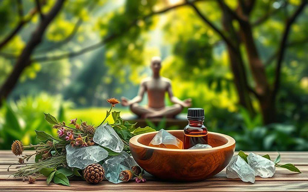 A serene and harmonious scene depicting the concept of complementary medicine. In the foreground, a tranquil arrangement of natural elements - freshly harvested herbs, crystalline gemstones, and a carved wooden bowl filled with soothing essential oils. The midground features a human figure seated in a meditative pose, embodying the holistic approach to wellness. The background showcases a lush, verdant landscape with gentle sunlight filtering through the canopy, creating a sense of balance and natural healing. The overall atmosphere is one of mindfulness, interconnectedness, and the restorative power of integrative therapies.