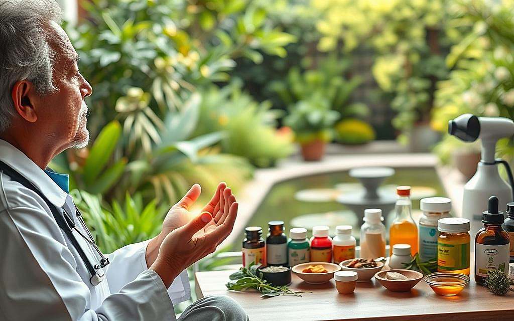 A serene and harmonious scene depicting the integration of traditional and modern medical approaches. In the foreground, a holistic practitioner guides a patient through a mindfulness exercise, their hands glowing with a subtle energy. In the middle ground, an array of natural remedies and herbal supplements stand in contrast to state-of-the-art medical equipment. The background reveals a tranquil garden, where lush greenery and soothing water features create a calming atmosphere. The lighting is soft and diffused, evoking a sense of balance and well-being. The overall composition conveys the idea of a comprehensive, personalized approach to healthcare that draws from the best of both conventional and complementary practices.