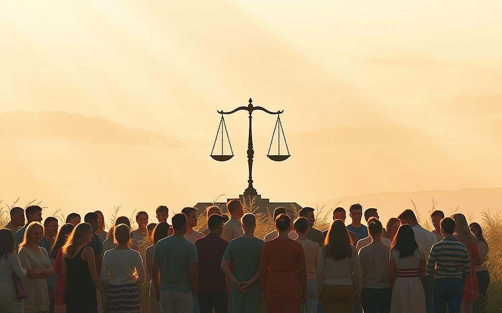 A serene and harmonious scene depicting the milestone of gender equality. In the foreground, a diverse group of people stand together, united in their pursuit of justice and fairness. Warm, natural lighting casts a soft glow, creating an atmosphere of hope and progress. In the middle ground, symbolic elements like scales and gender symbols are delicately balanced, representing the ongoing efforts to achieve true equity. The background features a tranquil, abstract landscape, suggesting the journey towards gender justice is a continuous one, with room for growth and evolution. The overall composition conveys a sense of unity, understanding, and a shared commitment to creating a more just and inclusive society.