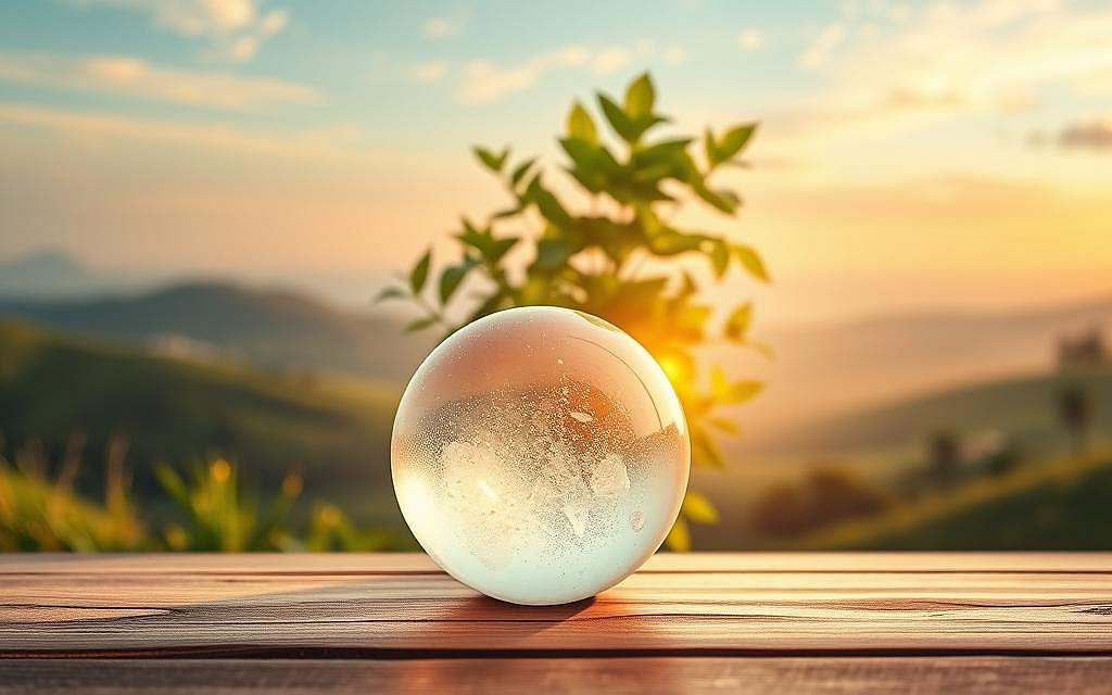 A serene and harmonious scene depicting the principles of holistic medicine. In the foreground, a glowing crystal sphere rests on a wooden table, symbolizing the interconnectedness of mind, body, and spirit. Behind it, a lush, verdant plant with vibrant leaves fills the middle ground, representing the natural healing power of nature. In the background, a tranquil landscape unfolds, with rolling hills and a calming sky bathed in soft, golden light, conveying a sense of balance and well-being. The overall composition evokes a sense of balance, wholeness, and the integration of various elements for a holistic approach to healthcare.