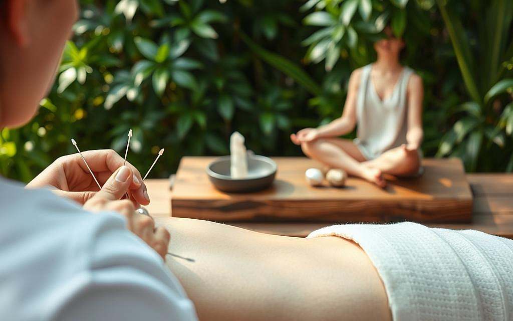 A serene and harmonious scene of alternative healing modalities. In the foreground, a practitioner performing acupuncture on a patient, the needles glinting in soft natural light. In the middle ground, a meditation cushion and crystals on a wooden table, exuding a calming, spiritual energy. The background features lush, verdant foliage, creating a tranquil, nature-inspired atmosphere. The overall mood is one of balance, holistic wellbeing, and the integration of mind, body, and spirit. A sense of harmony and interconnectedness pervades the scene, reflecting the principles of complementary and alternative medicine.