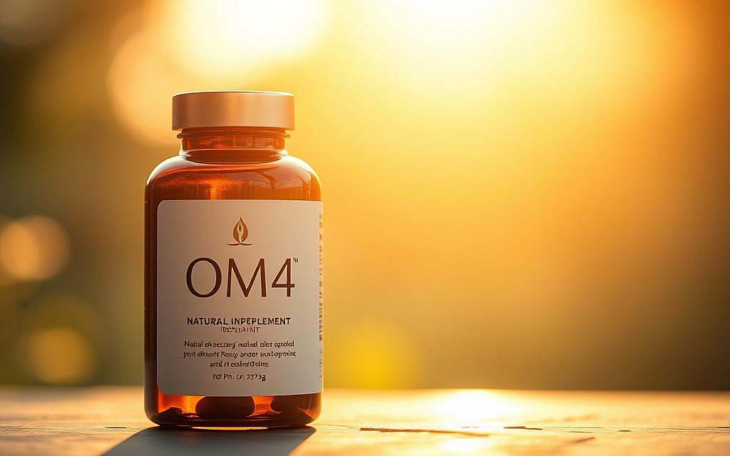 A serene and luminous close-up of the OM24 supplement bottle, its elegant amber glass and minimalist label design bathed in warm, diffuse lighting. The bottle is positioned in the foreground, with a soft, blurred background suggesting a soothing, natural setting. The lighting accentuates the product's premium quality and the natural ingredients within, conveying a sense of purity, efficacy and modern anti-aging innovation. The overall mood is one of sophistication, tranquility and scientific credibility, reflecting OM24's role as a cutting-edge yet nature-based solution for youthful vitality. A serene and luminous close-up of the OM24 supplement bottle, its elegant amber glass and minimalist label design bathed in warm, diffuse lighting. The bottle is positioned in the foreground, with a soft, blurred background suggesting a soothing, natural setting. The lighting accentuates the product's premium quality and the natural ingredients within, conveying a sense of purity, efficacy and modern anti-aging innovation. The overall mood is one of sophistication, tranquility and scientific credibility, reflecting OM24's role as a cutting-edge yet nature-based solution for youthful vitality.