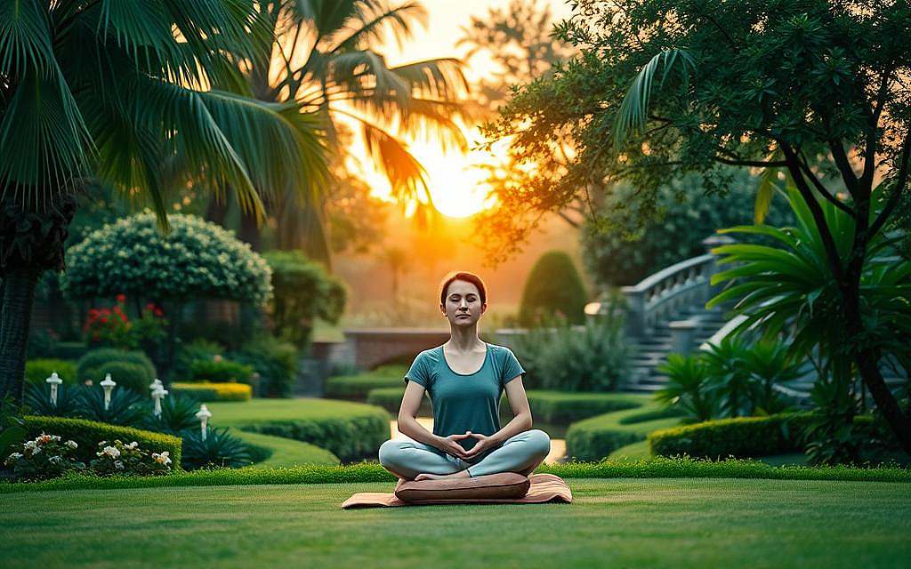 A serene and tranquil scene of a person practicing mindfulness and stress relief techniques in a peaceful garden setting. In the foreground, a person sitting cross-legged on a meditation cushion, eyes closed, hands resting gently on their lap, their expression calm and focused. The middle ground features a lush, verdant garden with swaying trees, blooming flowers, and a gently flowing stream. The background showcases a warm, golden-hued sunset, casting a soft, soothing glow over the entire scene. The lighting is natural and diffused, creating a sense of warmth and relaxation. The camera angle is slightly elevated, providing a panoramic view of the tranquil oasis, inviting the viewer to feel a sense of serenity and mindfulness.