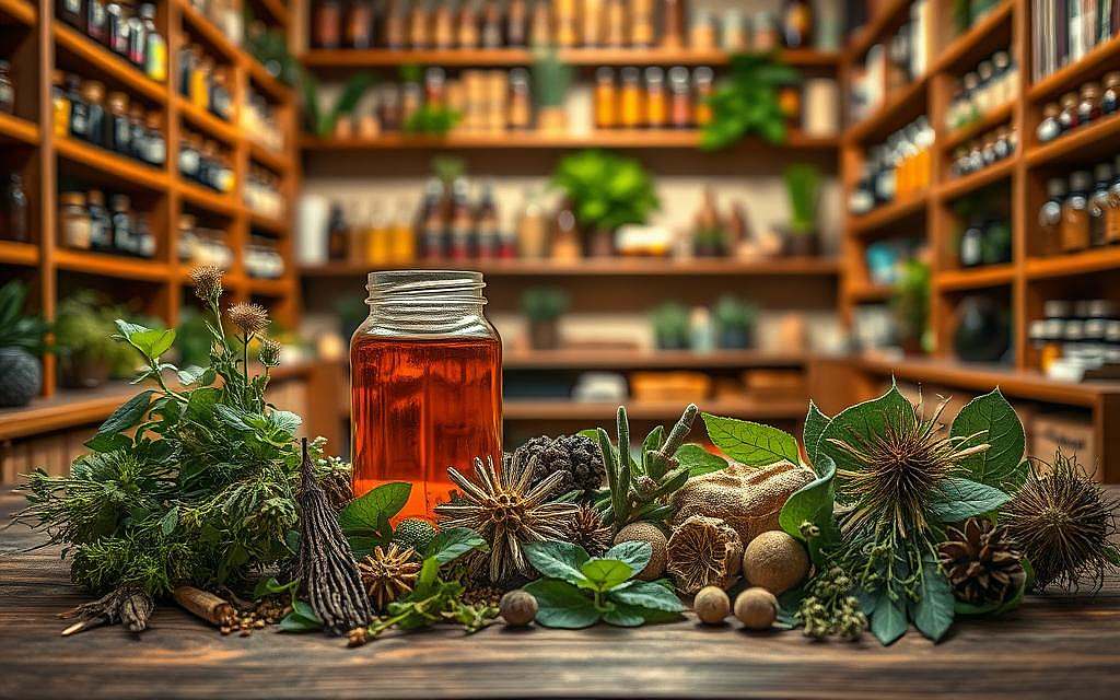 A serene and tranquil scene of a traditional herbal apothecary. In the foreground, a collection of various medicinal herbs and plants artfully arranged on a wooden table, their vibrant colors and textures inviting closer inspection. In the middle ground, a glass jar filled with a tincture or infusion, its amber liquid glowing softly under the warm, diffused lighting. In the background, rows of wooden shelves holding an array of jars, bottles, and books, hinting at the wealth of knowledge and tradition within this space dedicated to the art of phytotherapy. The overall mood is one of quiet contemplation, a sanctuary where the restorative powers of nature are celebrated and put to use for the benefit of those seeking holistic, plant-based remedies.