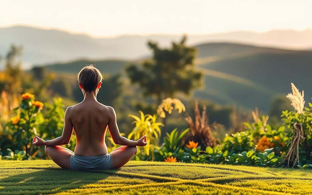 A serene and tranquil scene showcasing the prevention of age-related diseases. In the foreground, a person meditating in a lotus position, exuding an aura of calm and inner peace. The middle ground features a lush, verdant garden with a variety of herbs and plants known for their health benefits, such as ginkgo biloba, turmeric, and ginseng. In the background, a softly lit backdrop of rolling hills and a clear sky, creating a sense of harmony and balance. The lighting is warm and diffused, lending a soothing, natural ambiance to the scene. The composition is well-balanced, emphasizing the interconnectedness of mind, body, and environment in the pursuit of longevity and well-being.