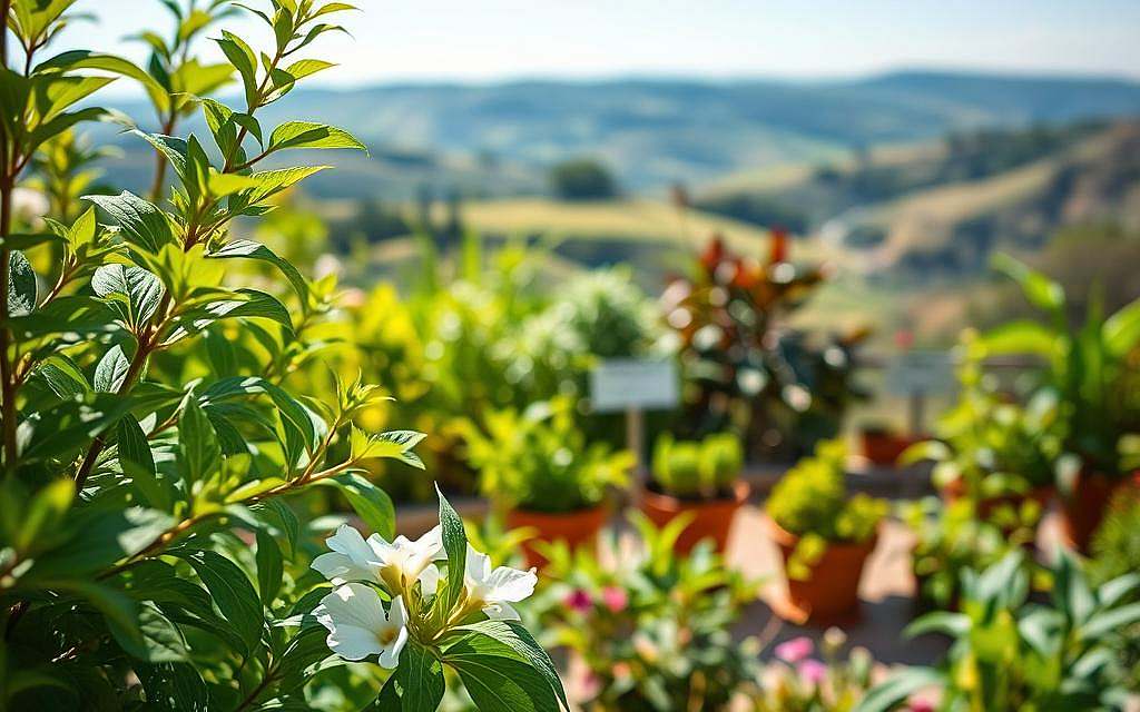 A serene and verdant herbal garden, with a variety of medicinal plants arranged in a harmonious composition. In the foreground, a close-up view of vibrant green leaves and delicate flower petals, capturing the natural remedies for joint pain. The middle ground features an assortment of potted plants, each labeled with their traditional names and healing properties. In the background, a soft-focus landscape of rolling hills and a clear blue sky, creating a sense of tranquility and balance. The lighting is warm and natural, accentuating the earthy tones and organic textures of the botanicals. The overall atmosphere conveys the holistic and restorative essence of phytotherapy for joint discomfort.