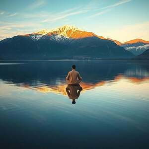 A serene, contemplative landscape depicting the essence of "Sein und Gewahrsein". In the foreground, a tranquil lake reflects the sky above, its mirrored surface a symbol of the objective reality. In the middle ground, a lone figure sits in meditative pose, their gaze inward, representing the subjective experience of consciousness. The background features a mountainous horizon, capped with snow and bathed in warm, golden light, conveying a sense of timeless, eternal being. The scene is captured with a wide, cinematic lens, emphasizing the depth and balance between the external world and the inner experience. The overall mood is one of stillness, harmony, and the profound interplay between existence and awareness.