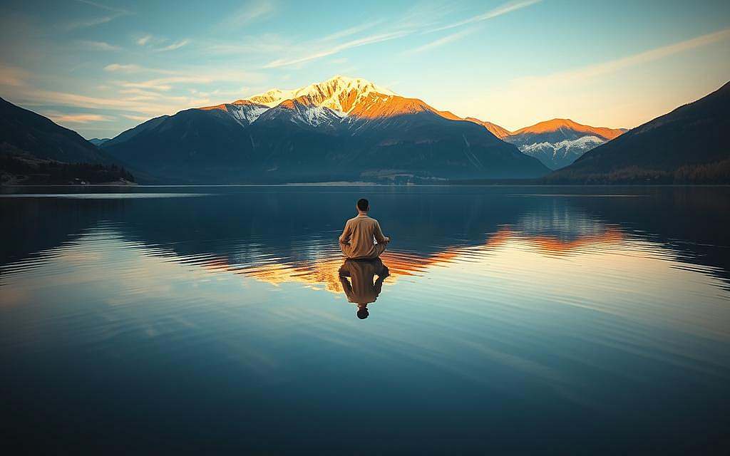 A serene, contemplative landscape depicting the essence of "Sein und Gewahrsein". In the foreground, a tranquil lake reflects the sky above, its mirrored surface a symbol of the objective reality. In the middle ground, a lone figure sits in meditative pose, their gaze inward, representing the subjective experience of consciousness. The background features a mountainous horizon, capped with snow and bathed in warm, golden light, conveying a sense of timeless, eternal being. The scene is captured with a wide, cinematic lens, emphasizing the depth and balance between the external world and the inner experience. The overall mood is one of stillness, harmony, and the profound interplay between existence and awareness.