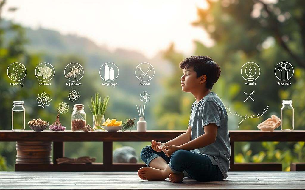 A serene, contemplative scene depicting the intersection of autism and complementary medicine. In the foreground, a thoughtful young person sits cross-legged, eyes closed, as they engage in a gentle, mindfulness practice. The middle ground features an array of natural remedies and holistic therapies, each represented by symbolic icons - herbs, crystals, acupuncture needles. The background is a tranquil, nature-inspired landscape, with soft lighting filtering through lush greenery. The overall atmosphere is one of balance, wellness, and the harmonious integration of alternative approaches to supporting neurodiverse individuals. A calm, meditative mood pervades the scene, reflecting the potential benefits of complementary medicine for the autism community.