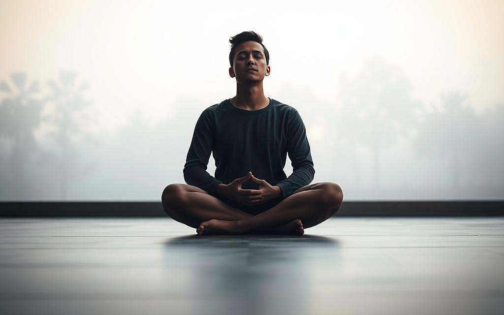 A serene, contemplative scene depicting the psychological aspects of faith. In the foreground, a person sits cross-legged, eyes closed, hands resting gently in their lap, exuding a sense of inner peace and spiritual introspection. The middle ground features a backdrop of soft, muted colors - perhaps a subtly-lit meditation room or a natural setting with mist-shrouded trees. The overall atmosphere is one of tranquility, with muted lighting and a sense of timelessness, encouraging the viewer to reflect on the intangible, psychological dimensions of religious belief. The composition evokes a sense of the individual's journey towards spiritual understanding and the quiet, personal nature of faith.