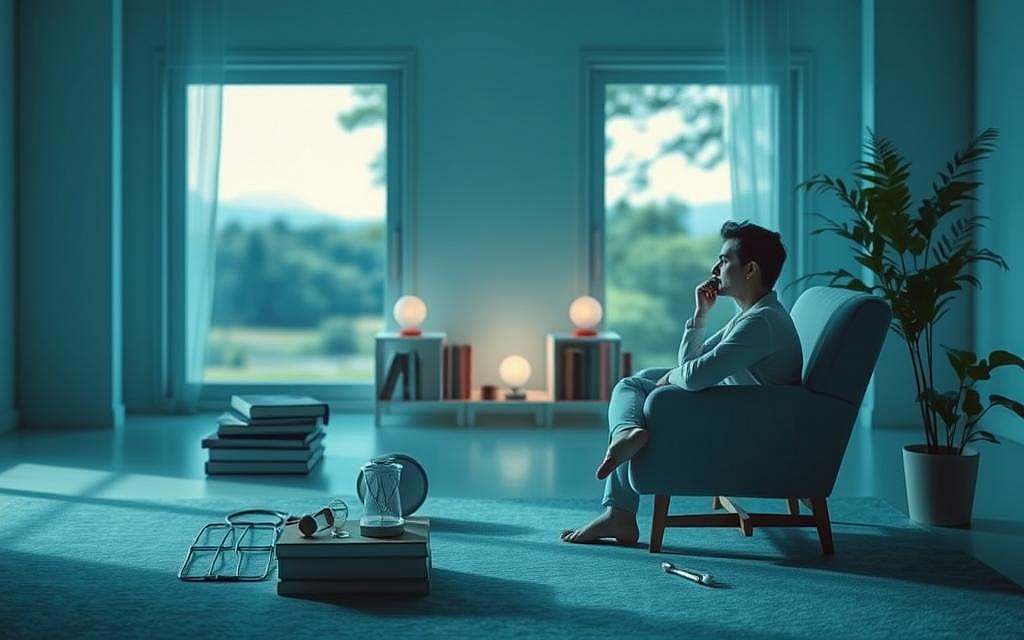 A serene, contemplative scene depicting the role of psychology in coping with illness. In the foreground, a person sits in a comfortable chair, deep in thought, surrounded by soothing shades of blue and green. In the middle ground, a collection of books and therapeutic tools suggest the importance of mental well-being in the healing process. The background features a peaceful, natural landscape, with soft lighting filtering through the windows, creating a calming atmosphere. The overall composition conveys a sense of introspection and the holistic approach to managing health challenges.