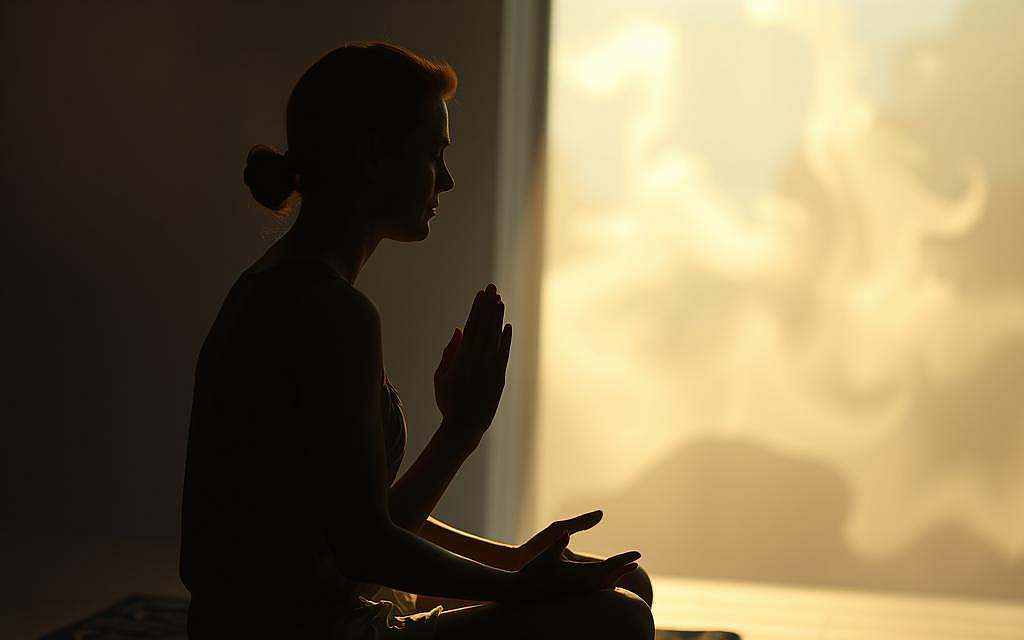 A serene, dimly lit sanctuary where the spiritual and the physical converge. A figure in the foreground, bathed in soft, golden light, sits in deep contemplation, their hands clasped in a gesture of meditation. The background is a hazy, ethereal landscape, with wispy, translucent forms suggesting a realm beyond the physical. Diffused light filters through the scene, creating a sense of tranquility and inner reflection. Gentle, muted colors evoke a sense of harmony and balance, inviting the viewer to experience the profound connection between the spiritual and the healing process.