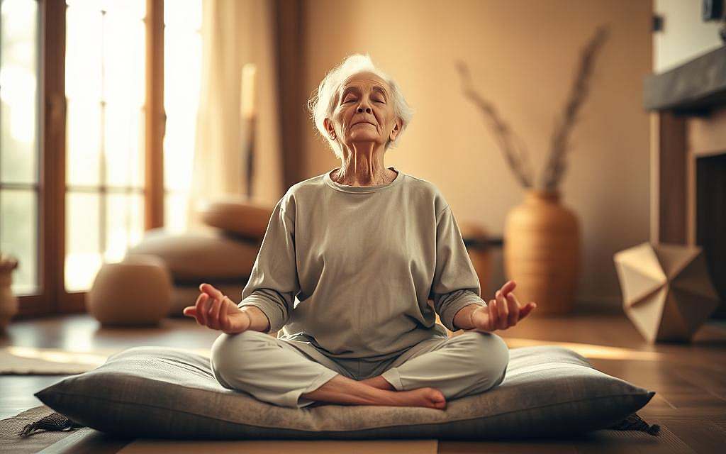 A serene elderly person sitting cross-legged on a cushion, eyes closed in deep meditation. Soft, warm lighting bathes the scene, casting a peaceful glow. The background is a cozy, minimalist interior with natural materials like wood and stone. Muted earth tones and natural textures evoke a sense of harmony and tranquility. The figure exudes an aura of inner calm and spiritual connection, conveying the idea of finding meaning and enlightenment in the later stages of life.